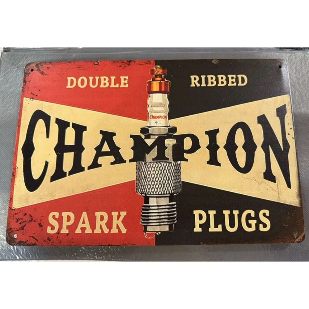 NEW Champion Double ribbed Spark Plugs Aluminum Metal sign 8 x 11 3/4"